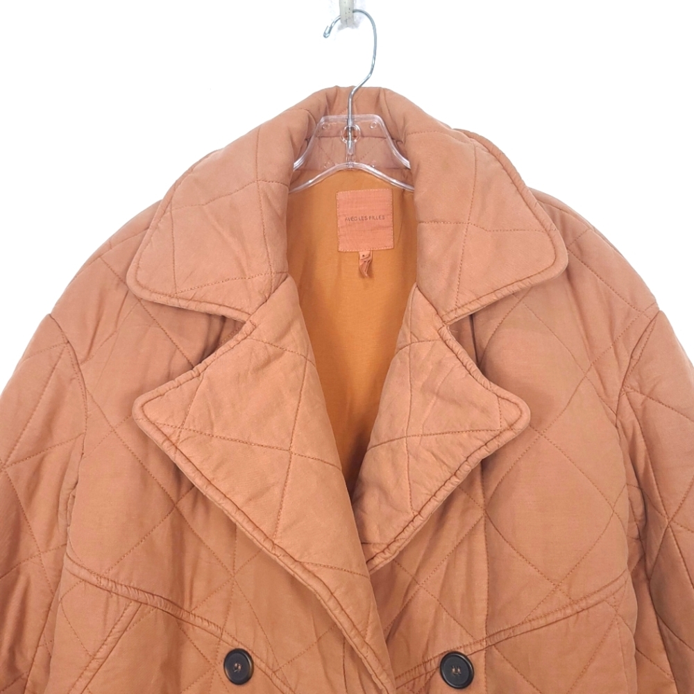 AVEC LES FILLES Quilted Doubled Breasted Cozy Camel Tan Coat Jacket - Picture 7 of 16